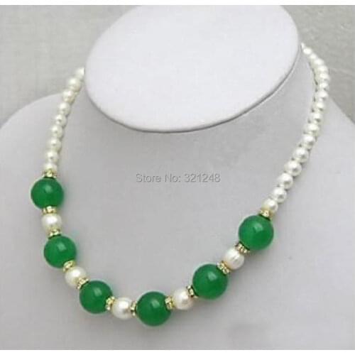Fashion natural white pearl necklace green stone jades chalcedony round beads necklace high grade chain jewelry 18inch BV15