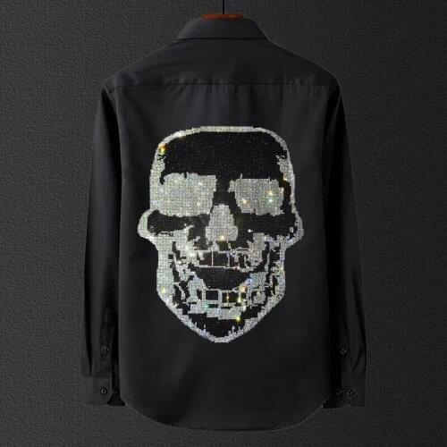 Mens Long Sleeve Shirt 2021 Autumn Business Design Casual Slim Stand Collar Skull Rhinestone Button Homme Party Office Tops 4XL