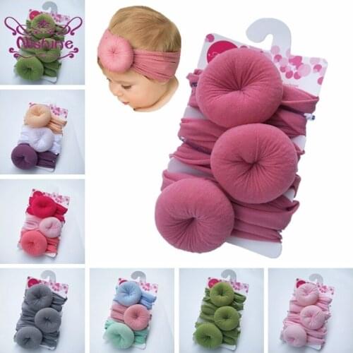 Nishine 3pcs/lot Solid Color Handmade Round Ball Baby Elastic Hairband Fashion Donut Infant Nylon Headband Clothing Accessories