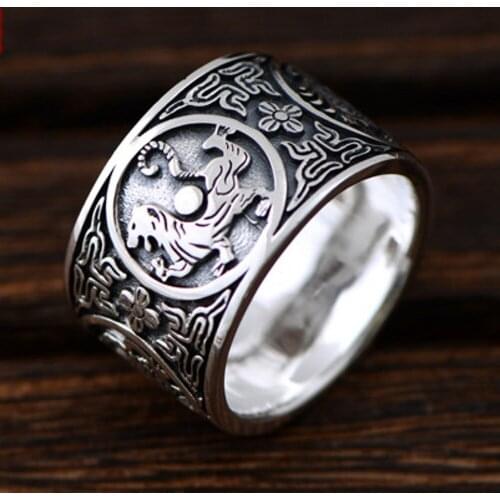 New solid s999 pure silver four great beast man silver creative personality domineering, evil spirits good luck ring for man