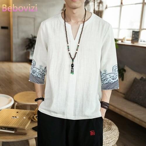 New Plus Size M-5XL Blue Cotton Linen Embroidery Han Fu Summer Traditional Chinese Clothing Style Orient Tang Hanfu for Men Tops