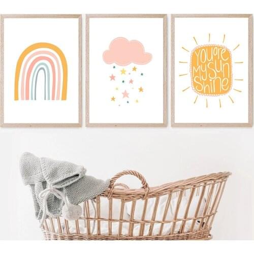 Cloud Sun Art Canvas Painting Nursery Prints Rainbow Wall Art Poster You Are My Sunshine Quotes Wall Pictures Baby Room Decor