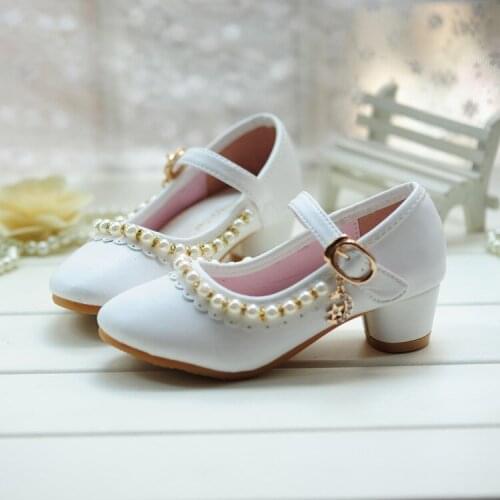 Girls High-heeled Shoes Children Leather Princess Shoes Spring Autumn Student Little Kids Dance Performances White Pearl Shoes