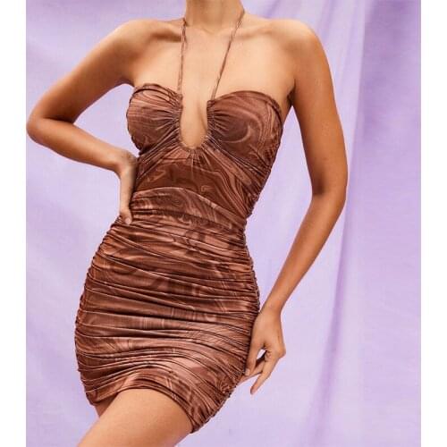 Wsevypo Women Tie-up Halter Dress Elegant Summer Party Club Abstract Ripple Printed Sleeveless Ruched Mini Bodycon Dress