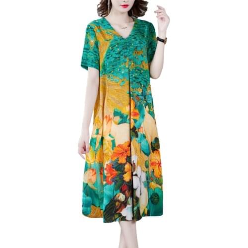 Fashion Women Summer Silk Casual Dress Elegant Print Plus Size Dress Short Sleeves Floral Womens Dresses Loose Vestido