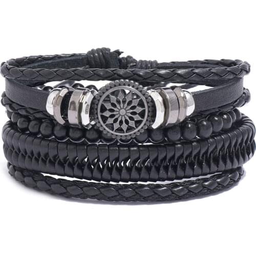 4Pcs/ Set Braided Black Leather Men’s Bracelets Women Sun Flower Charm Elastic Wood Beads Bangles Friendship Jewelry Adjustable
