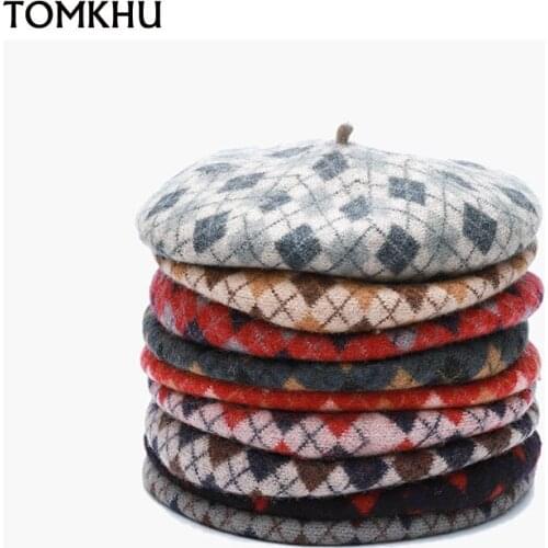 TOMKHU Winter Warm Faux Wool Beret Women Girls French Artist Beanie Hat Cap Check Color Stitching Flat Top Caps Warmers 2021 New