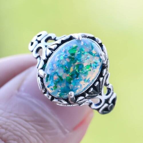 Vintage Green Opal Stone Rings for Women Wedding Hollow Carved Pattern Rings Couple Jewelry Women Men Party Accessories Gifts