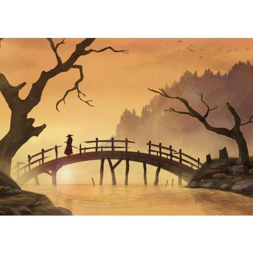 Oriental Samurai Crossing a Broken Bridge Art print Silk poster Home Wall Decor