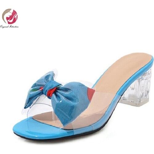 Original Intention Women Sandals Open Toe Square heel Sandals 2019 Super Stylish Blue White Yellow Shoes Woman US 3-10.5