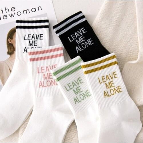 Harajuku Funny Letter Women Cotton Socks Leave Me Alone Korean Novelty Designer Skate Cool Cute Gift Black Mori Girl White PInk