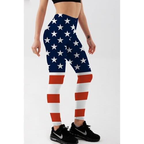 Qickitout Summer Style Women Leggings Fitness Leggings American Flag Star&Stripe Printed High Waist Leggings Workout Pants S-4XL