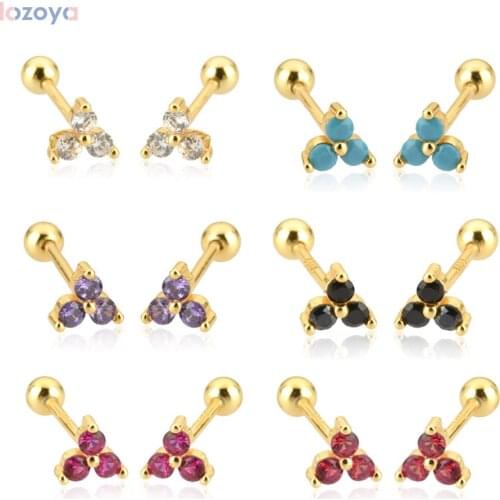 Lozoya 925 Sterling Silver Clear Three Piercing Beads Zircon Charm Srud Earring Women Fashion Fine Jewelry Clips Luxury Rainbow