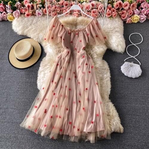 2021 Summer Women Butterfly Sleeve Folds Lace Dress Sweet Square Collar Star Embroidery Mesh Dress Female A Line Long Vestidos