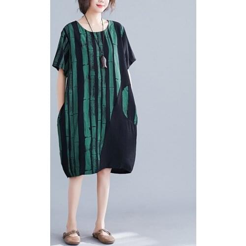 Oversized Women Cotton Linen Casual Dress New 2021 Summer Simple Style O-neck Print Loose Female Knee-length Dresses S3345