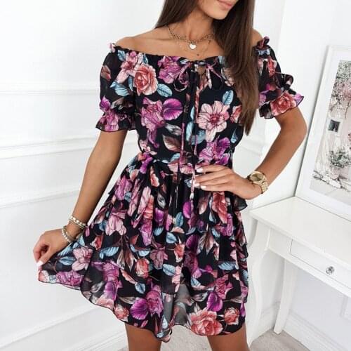 Chiffon Floral Ruffles Mini Dress Women Slash Neck Petal Sleeve A-Line Flowers Printed Party Summer Female Dresses 2021 Fashion