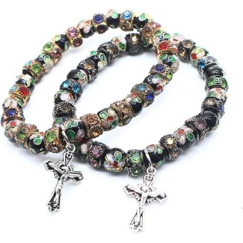 2 Colors Handmade Cloisonne Cross Totem Religious Wristband Bracelet Elastic Rope Jewelry Fashion Gifts