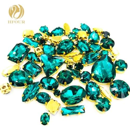 Free shipping Gold base Malachite Green mixed shape mix size glass crystal flatback sew on rhinestones DIY Garment Accessories