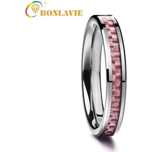 BONLAVIE 100% Tungsten Carbide Rings Unisex 4mm Pink Carbon Fiber Finger Ring Imitation Rock Stone Wedding Bands Rings for Men