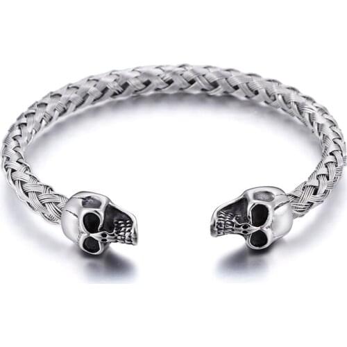 316L Stainless Steel Biker Skull Skeleton End Open Cuff Bangle Boys Men Fashion Cable-Wire Chain Bracelet 23g