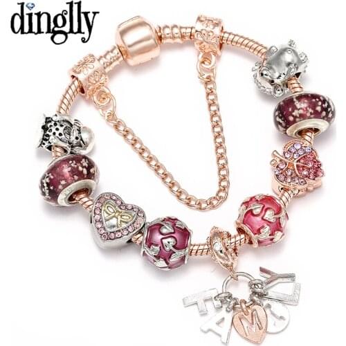 DINGLLY Rose Gold Family Charm Bracelets For Women Men Original Crystal Heart Shaped Leaves kids Beaded Bracelets Bangle gifts