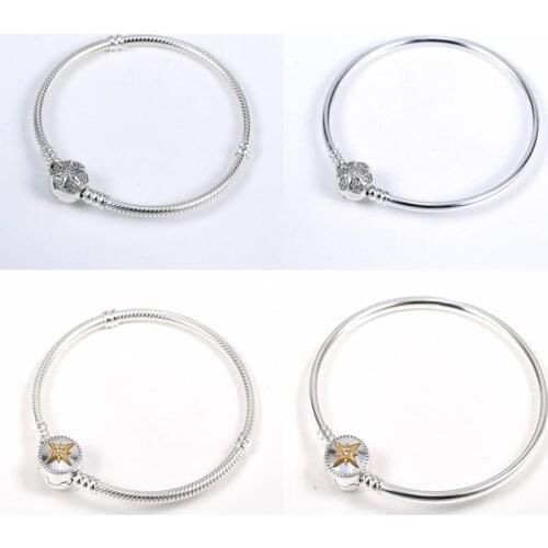Luxury 100% Sterling Sparkling Heart Snake Chain Fit Original Charm Bracelet & Bangle For Women Fine Jewelry