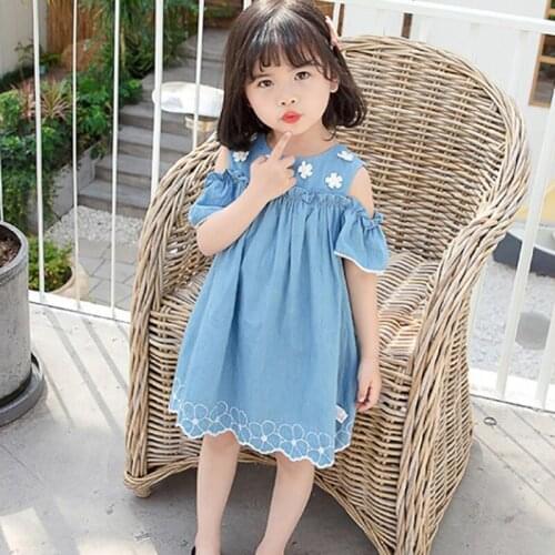 Kids Baby Girls Summer Dress Party Princess Dress off shoulder Denim Dress Pageant Sundress Girls white flower Dress ss