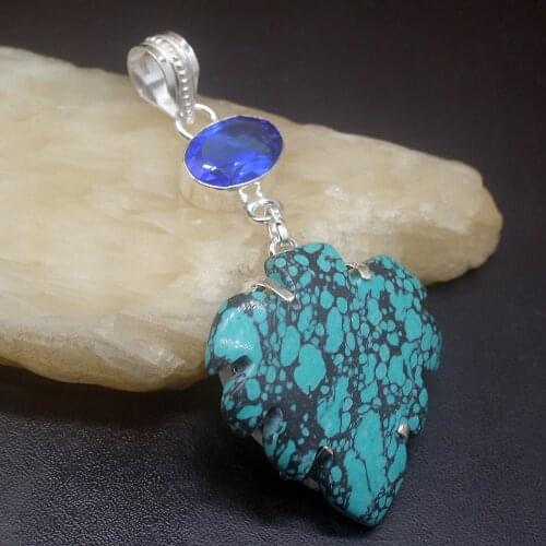 Gemstonefactory Jewelry Big Promotion 925 Silver Unique Mosaic Jasper Blue Topaz Women Ladies Gifts Necklace Pendant 0281