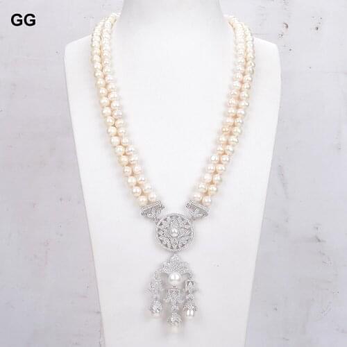 GuaiGuai Jewelry 23" 2 Strands Natural White Pearl Necklace CZ Pendant