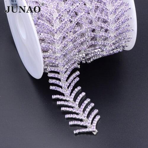 JUNAO 1 Yard Violet Glass Rhinestone Trim Decoration Metal Strass Chain Leaves Crystal Ribbon Sew On Applique for Wedding Dress