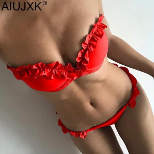 AIUJXK Summer Sexy Lingerie Biquini For Women Bra And Panty Set Floral Ruffles Black Red 2 Piece Swimsuit Beach Style Underwear