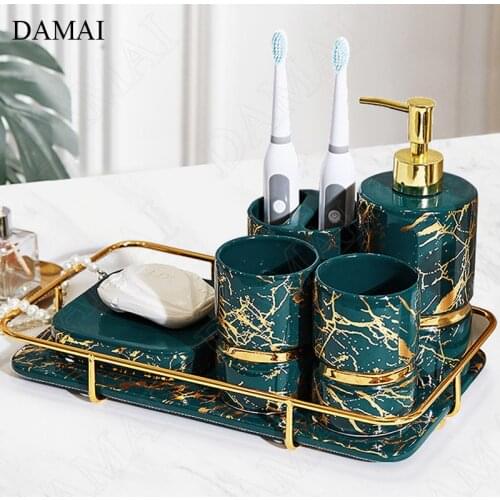 Creative Golden Stroke Bathroom Set Ceramics Nordic Modern Marble Texture Five Piece Set Shower Accessories Restroom Decoration