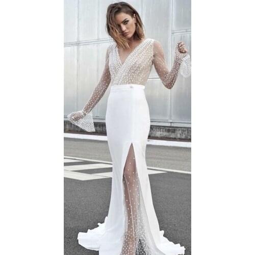 Lace Wedding Dresses 2020 Long Sleeve V-neck Boho Bridal Gowns Satin Illusion Back White vestido de noiva Plus Size custom-made