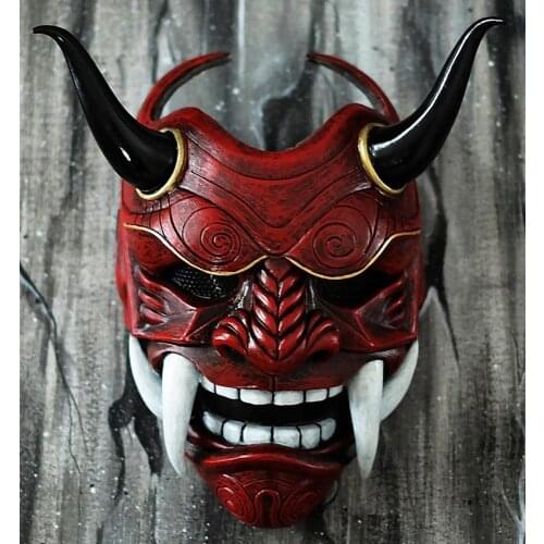 Samurai Mask Red Prajna Mask Cospiay Noh Japanese Latex Grimace Fangs Funny Scary Ghost God Wizard Masks Halloween Masquerade
