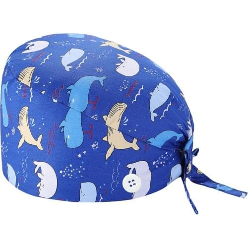 Fashion Women Men Cartoon Scrub Cap Sweatband Bouffant Turban Nurse Hat With Buttons Hair salon Health Care Working Caps FL50