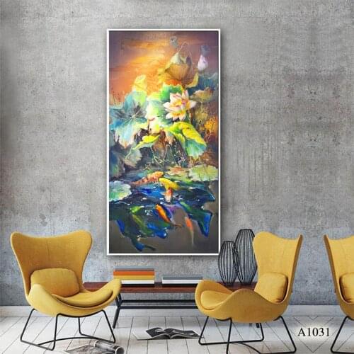 Moedrn Paintings Picture HD Prints on Canvas Chinese Lotus Fish Wall Art Picture Home Decor Living Room Paintings 60x120cm