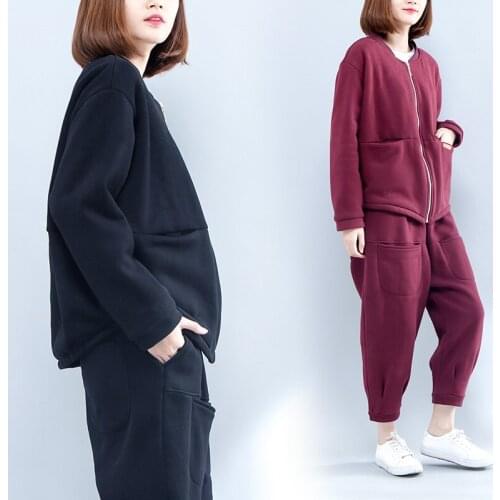 2018 new womens casual Korean thickened slimming zipper long-sleeved plus size Sweatshirts + casual nine pants suit TB181005