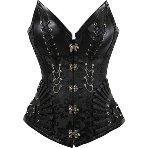 New Sexy Black Gothic Corset Bustier Top Women Gothic Clothes Leather Appliques Lace Up Brocade Corset