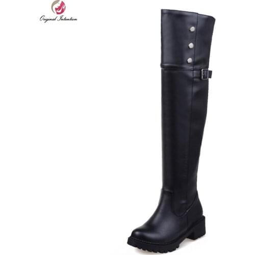 Original Intention Women Over-the-Knee Boots Round Toe Square Heels Winter Boots Cool Black Red Brown Shoes Woman US Size 4-16