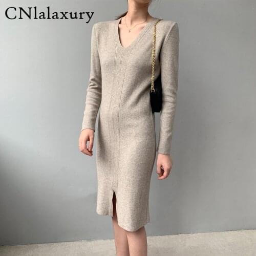 Autumn Winter Dress 2020 New Sexy V neck Long Sleeve Sweater Dress Retro Elegant Bodycon Slim Knitted Party Dresses For Women