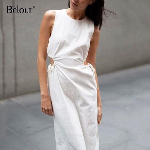 Bclout Sexy Hollow Out White Dress 2021 O Neck Sleeveless Fashion Casual Bodycon Dress Summer Solid Elegant Long Vestido Lady