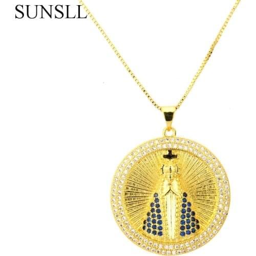 SUNSLL Gold Color Copper White Cubic Zirconia Round Pendant Necklaces Womens Fashion Jewelry Nossa Senhora CZ Colar Feminina