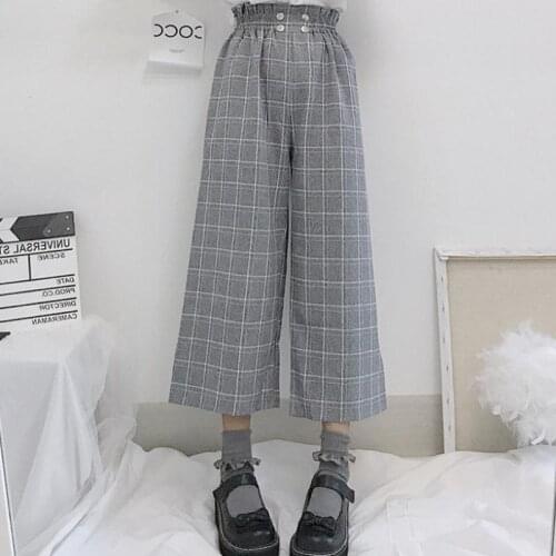 Japanese Lolita Style Autumn Women Wide Leg Pants Elastic Waist Apricot Gray Plaid Loose Trousers Cute Kawaii Capris MH615