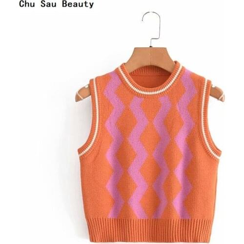 2021 New Womens O-Neck Orange Wave Knit Waistcoat Autumn Fashion Slim-Fit Sleeveless Top High Street All-Match Sweater Vest