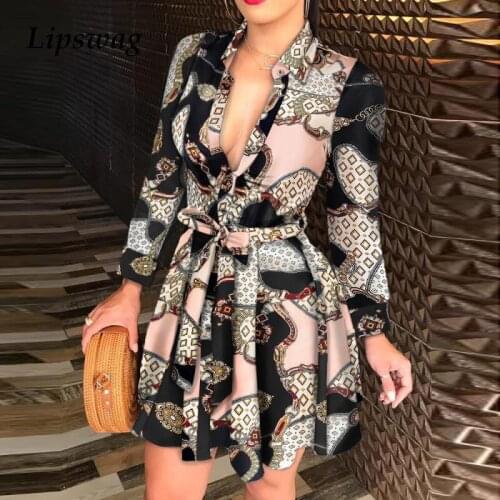 Vintage Print Women Sexy Dress Spring Summer V-Neck Long Sleeve Sexy Party Dresses Elegant Ladies Tie-up Mini Dress Chic Vestido