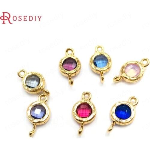 38338)10PCS 6MM 24K Champagne Gold Color Brass and Glass 2 Holes Round Connect Charms Pendants Jewelry Findings Accessories