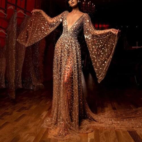 2019 Deep V Sexy Dress Adult Female Long Sleeve Evening Dress Sequins Sexy Party Dinner Transparent Trailing Evening Dress