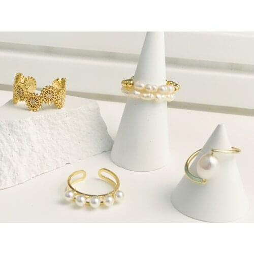 2021 Copper Geometric Flower Bead Pearl Rings for Women Irregular Gold Color Sweet Simple Work Ring Jewelry Female Sister Gifts