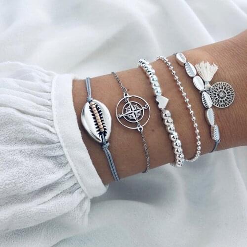 5Pcs/ Set Boho Compass Carved Leaf Shell Heart Beads Chain Bracelet Women Charm Multilayer Party Bracelet Set Combination