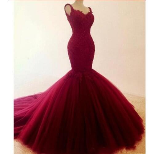 ANGELSBRIDEP Burgundy Mermaid Prom Dresses Vestidos de festa Fashion Strap Applique Court Train Formal Wedding Gowns Plus Size